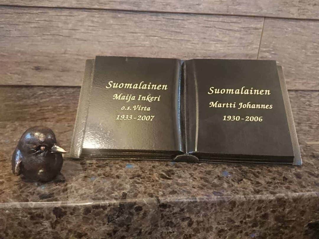 tummapatinoitu pronssikirja 11.5x22cm ja lintu | Kivilevander Tässä kuvassa on hautakiven koristeet muistolaatta kirja tummapatina pronssikirja ja lintu. Kuvassa oleva kirja ja lintu ovat erillään toisista ja väritykseltään mustia. KIrjassa oleva teksti on pronssinen.